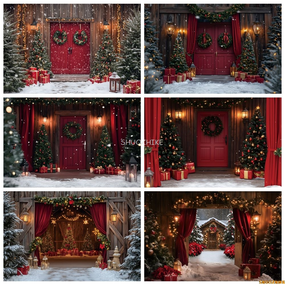 Photography Lighting Indoor - Christmas Red Barn Door Backdrop Farm